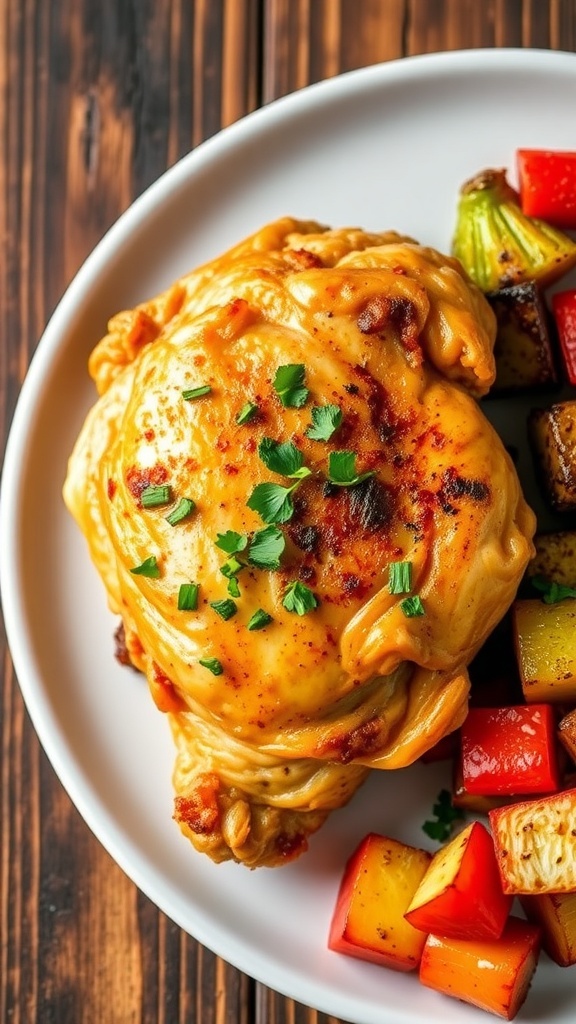 Crispy air fryer chicken thigh garnished with herbs on a plate with roasted vegetables.
